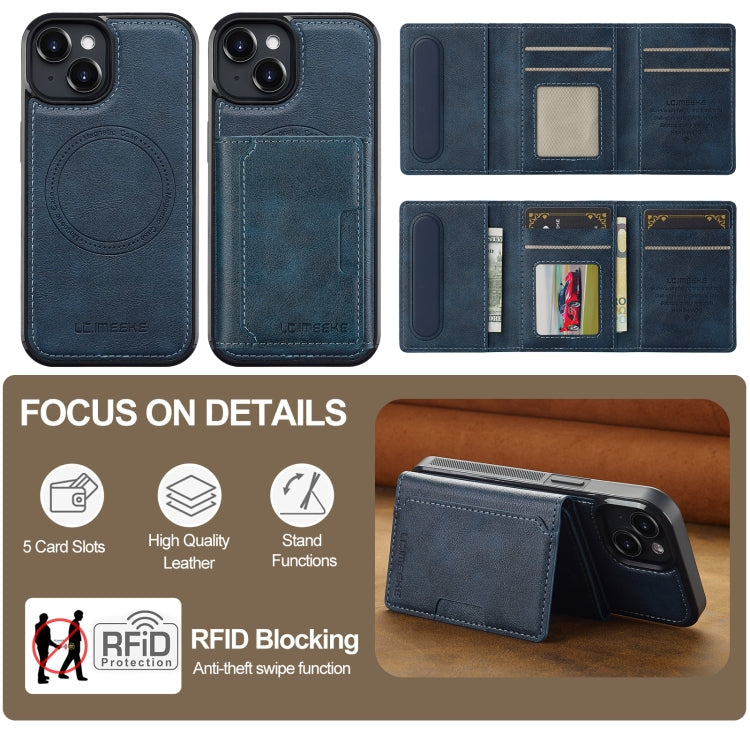 For iPhone 15 LC.IMEEKE L5 Series Detachable RFID Card Bag Magsafe Phone Case(Blue)