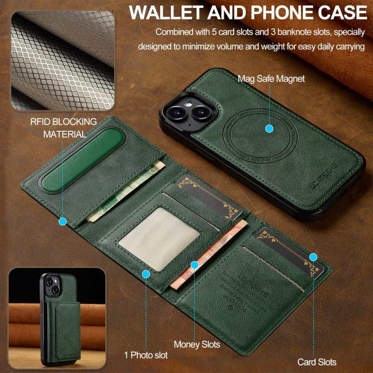 For iPhone 15 LC.IMEEKE L5 Series Detachable RFID Card Bag Magsafe Phone Case(Green)
