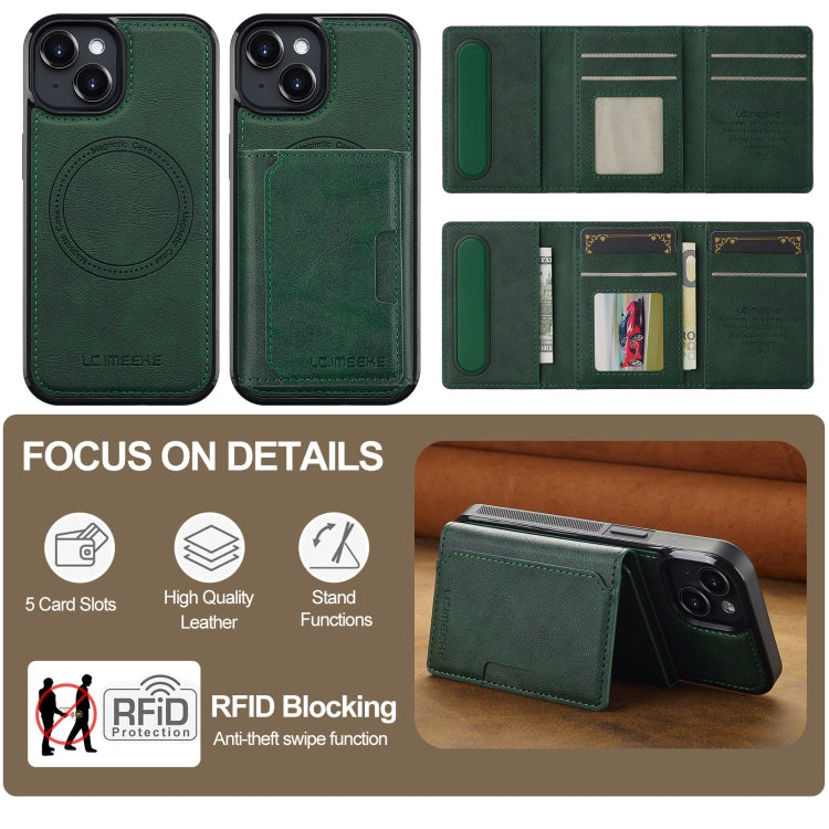For iPhone 15 LC.IMEEKE L5 Series Detachable RFID Card Bag Magsafe Phone Case(Green)