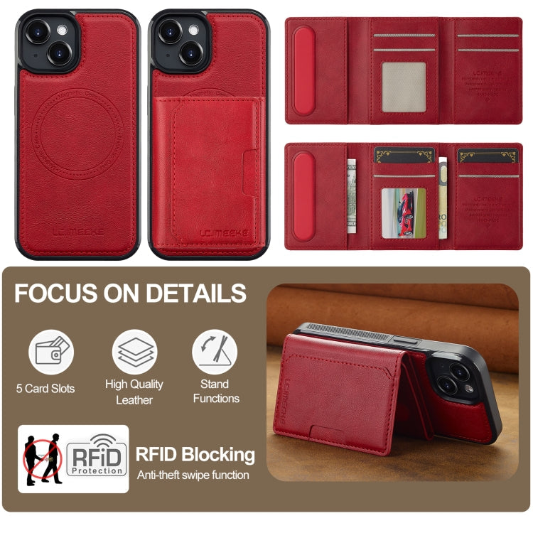 For iPhone 15 LC.IMEEKE L5 Series Detachable RFID Card Bag Magsafe Phone Case(Red)
