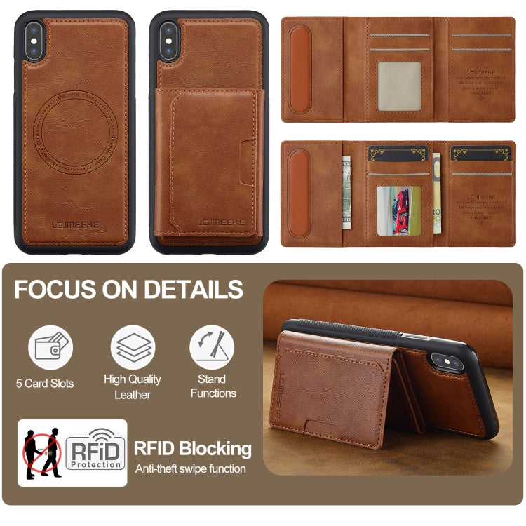 For iPhone XR LC.IMEEKE L5 Series Detachable RFID Card Bag Magsafe Phone Case(Brown)