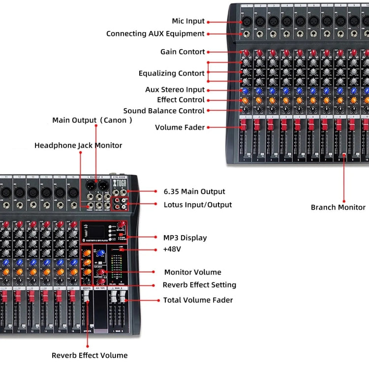 XTUGA CT160X 16-Channels Audio Mixer DJ Mixing Console with 48V Power Supply(AU Plug)