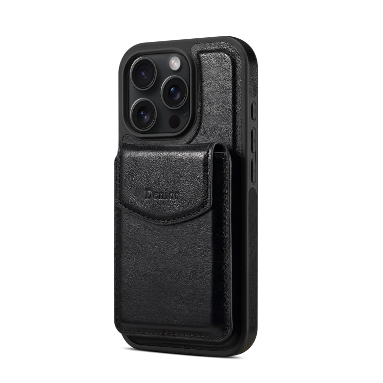For iPhone 16 Pro Max Denior D22 Genuine Leather MagSafe Holder Detachable Card Slot Phone Case(Black)