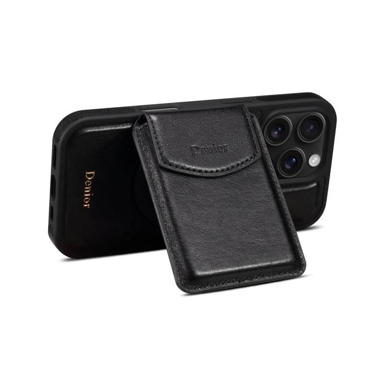 For iPhone 16 Pro Max Denior D22 Genuine Leather MagSafe Holder Detachable Card Slot Phone Case(Black)