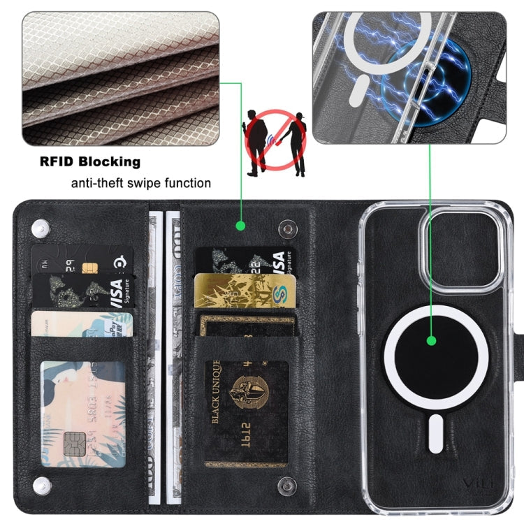 For iPhone 15 Pro ViLi GVS-C Series MagSafe Magnetic RFID Leather Flip Phone Case(Black)
