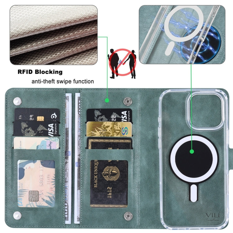 For iPhone 15 Pro ViLi GVS-C Series MagSafe Magnetic RFID Leather Flip Phone Case(Green)