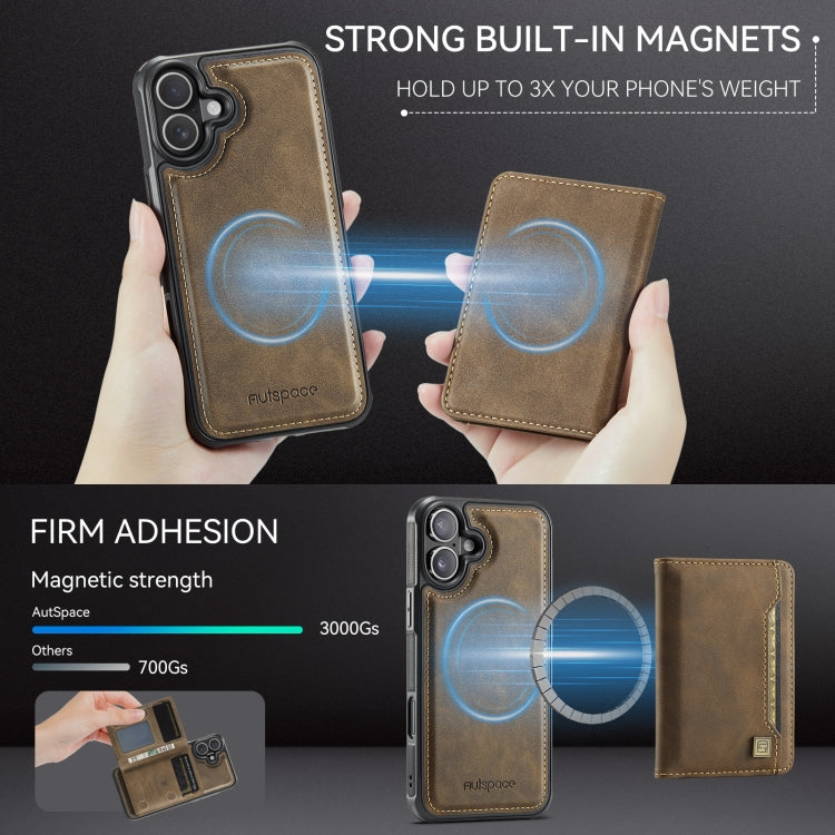 For iPhone 16 Plus AutSpace A13 MagSafe Magnetic RFID Flip Card Bag Phone Case(Coffee)