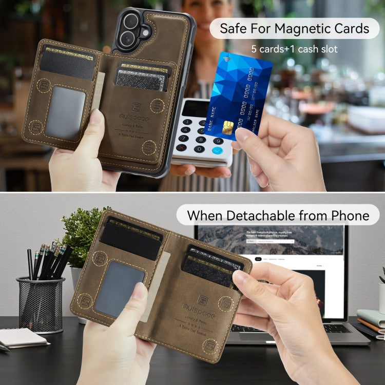 For iPhone 16 Plus AutSpace A13 MagSafe Magnetic RFID Flip Card Bag Phone Case(Coffee)