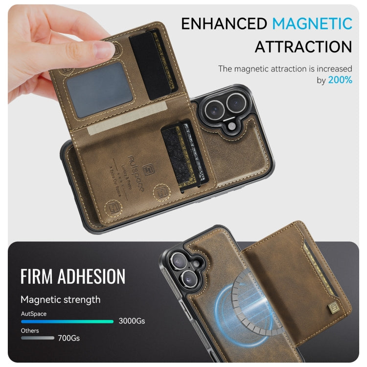 For iPhone 16 Plus AutSpace A13 MagSafe Magnetic RFID Flip Card Bag Phone Case(Coffee)