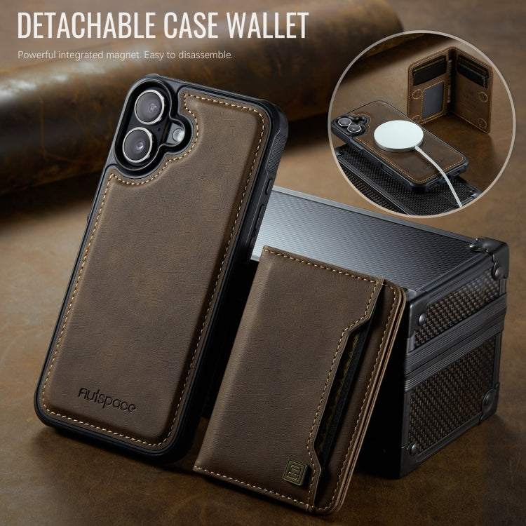 For iPhone 16 Plus AutSpace A13 MagSafe Magnetic RFID Flip Card Bag Phone Case(Coffee)
