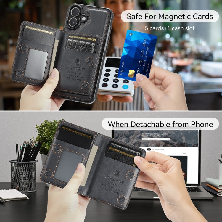 For iPhone 16 Plus AutSpace A13 MagSafe Magnetic RFID Flip Card Bag Phone Case(Black)