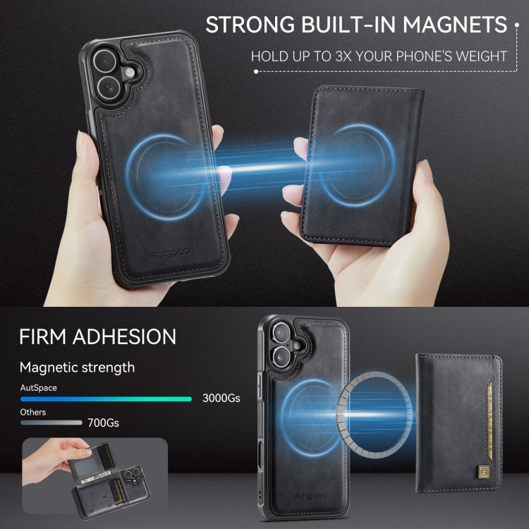 For iPhone 16 AutSpace A13 MagSafe Magnetic RFID Flip Card Bag Phone Case(Black)