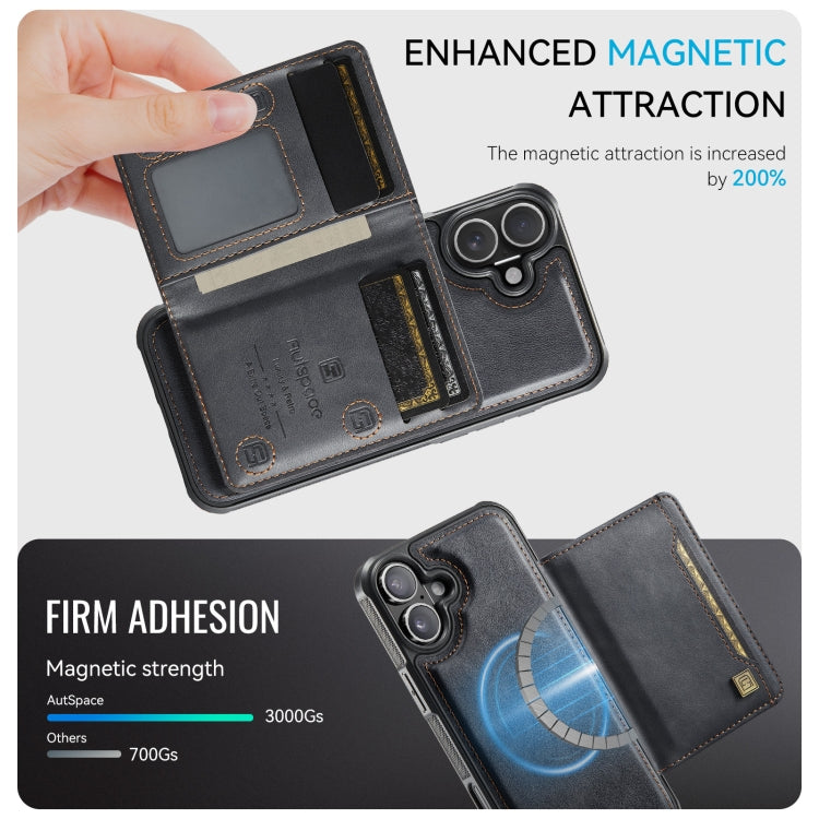 For iPhone 16 AutSpace A13 MagSafe Magnetic RFID Flip Card Bag Phone Case(Black)