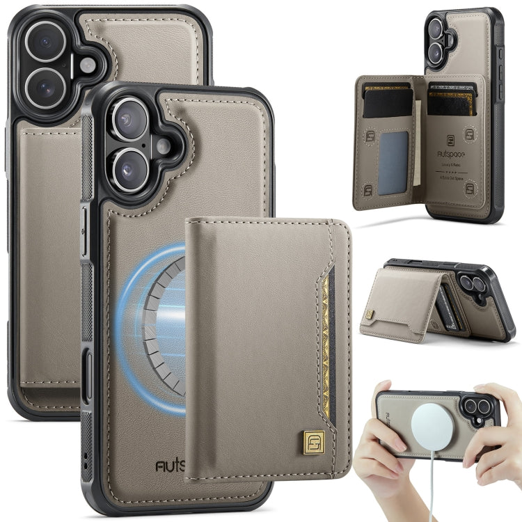For iPhone 16 AutSpace A13 MagSafe Magnetic RFID Flip Card Bag Phone Case(Grey)