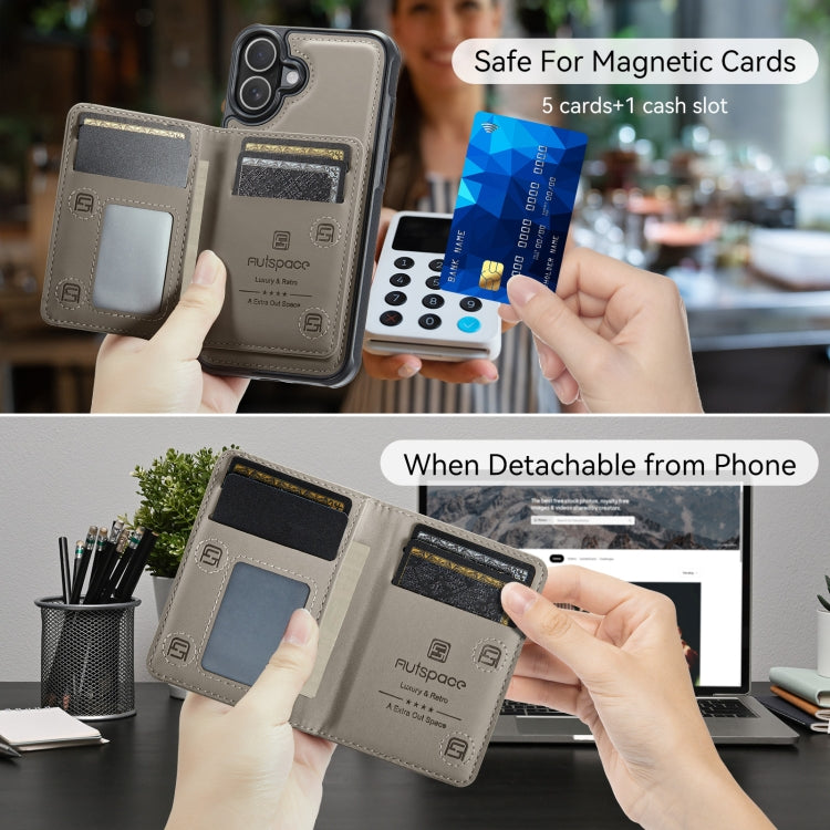 For iPhone 16 AutSpace A13 MagSafe Magnetic RFID Flip Card Bag Phone Case(Grey)