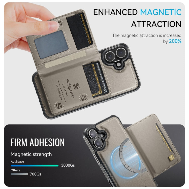 For iPhone 16 AutSpace A13 MagSafe Magnetic RFID Flip Card Bag Phone Case(Grey)