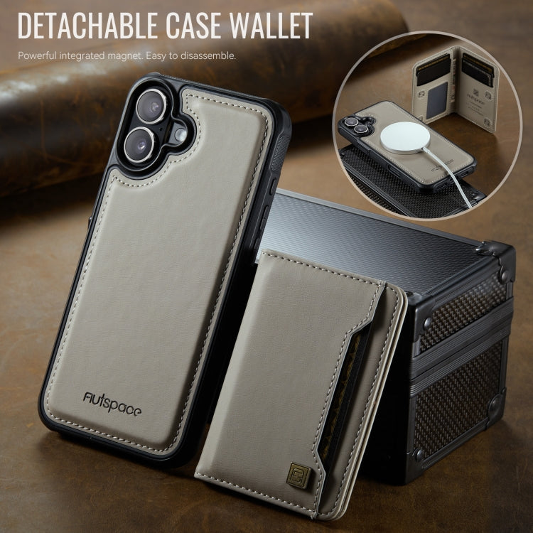 For iPhone 16 AutSpace A13 MagSafe Magnetic RFID Flip Card Bag Phone Case(Grey)
