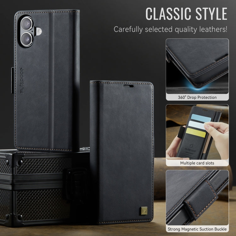 For iPhone 16 Plus AutSpace A11 Side Buckle MagSafe Magnetic RFID Phone Leather Case(Black)