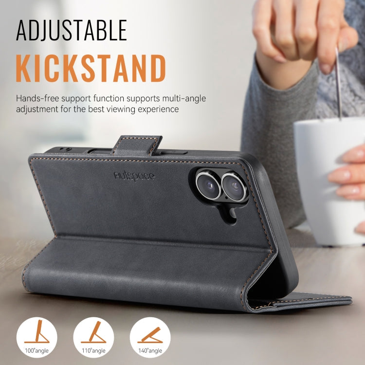 For iPhone 16 Plus AutSpace A11 Side Buckle MagSafe Magnetic RFID Phone Leather Case(Black)