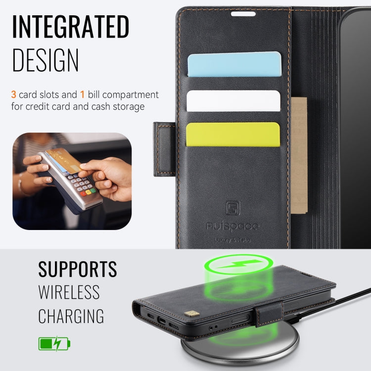For iPhone 16 Plus AutSpace A11 Side Buckle MagSafe Magnetic RFID Phone Leather Case(Black)