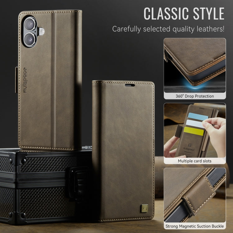 For iPhone 16 Plus AutSpace A11 Side Buckle MagSafe Magnetic RFID Phone Leather Case(Coffee)