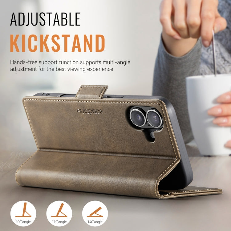 For iPhone 16 Plus AutSpace A11 Side Buckle MagSafe Magnetic RFID Phone Leather Case(Coffee)