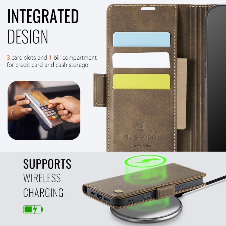 For iPhone 16 Plus AutSpace A11 Side Buckle MagSafe Magnetic RFID Phone Leather Case(Coffee)