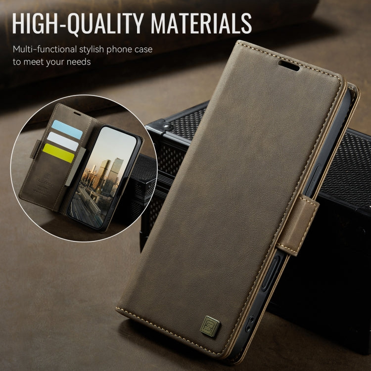 For iPhone 16 Plus AutSpace A11 Side Buckle MagSafe Magnetic RFID Phone Leather Case(Coffee)