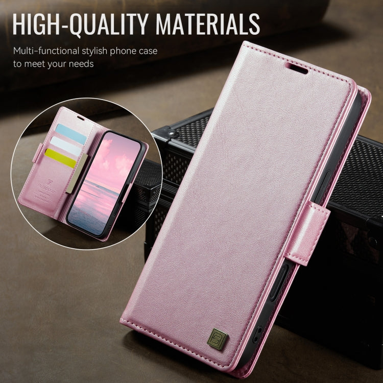 For iPhone 16 AutSpace A11 Side Buckle MagSafe Magnetic RFID Phone Leather Case(Rose Gold)