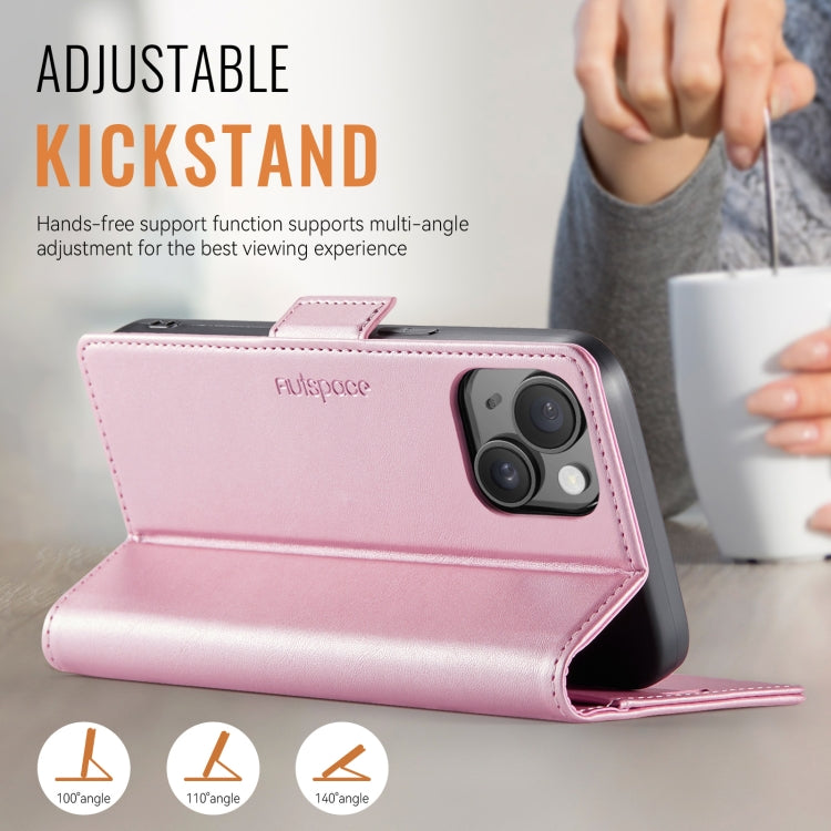 For iPhone 15 AutSpace A11 Side Buckle MagSafe Magnetic RFID Phone Leather Case(Rose Gold)