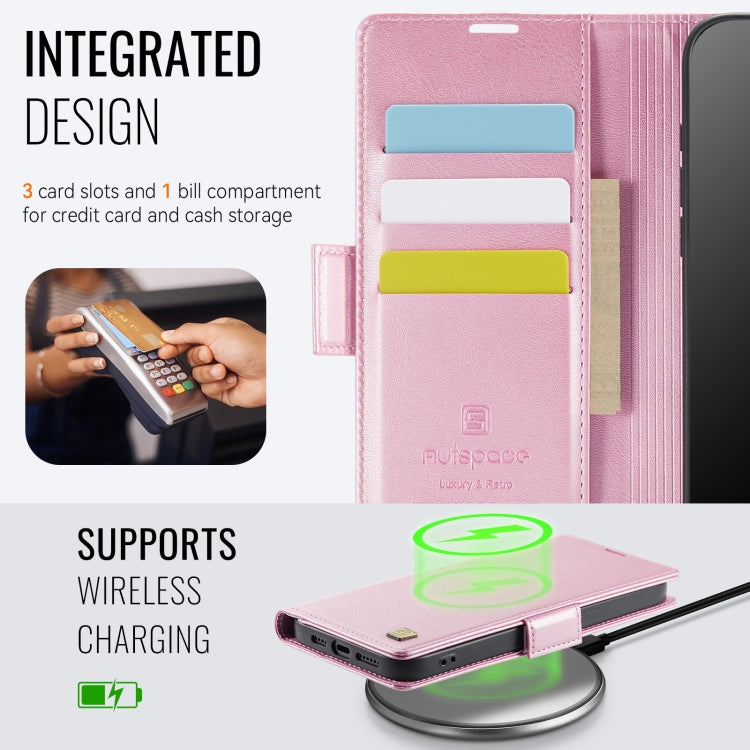 For iPhone 14 AutSpace A11 Side Buckle MagSafe Magnetic RFID Phone Leather Case(Rose Gold)
