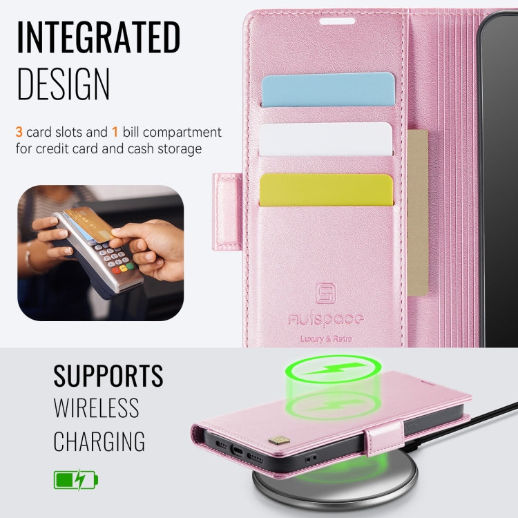For iPhone 14 Pro Max AutSpace A11 Side Buckle MagSafe Magnetic RFID Phone Leather Case(Rose Gold)
