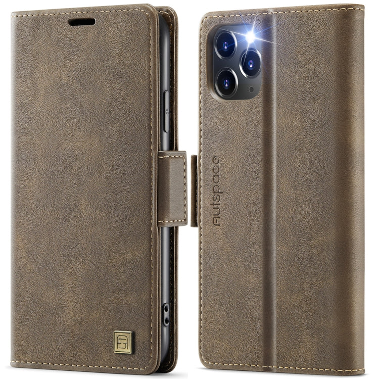 For iPhone 11 Pro Max AutSpace A11 Side Buckle MagSafe Magnetic RFID Phone Leather Case(Coffee)