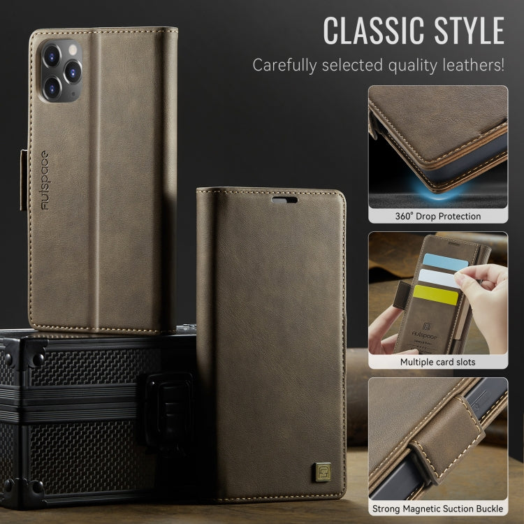 For iPhone 11 Pro Max AutSpace A11 Side Buckle MagSafe Magnetic RFID Phone Leather Case(Coffee)