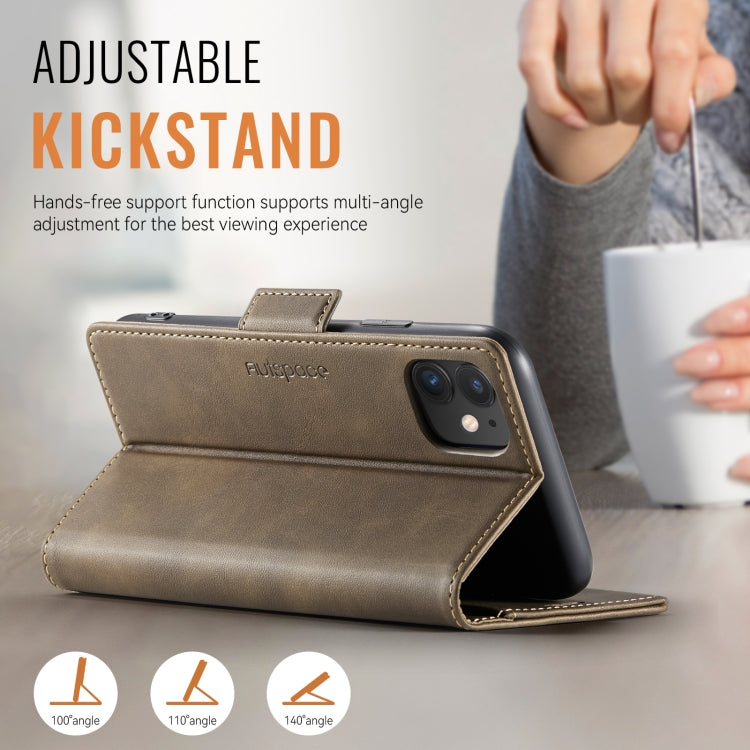 For iPhone 11 AutSpace A11 Side Buckle MagSafe Magnetic RFID Phone Leather Case(Coffee)