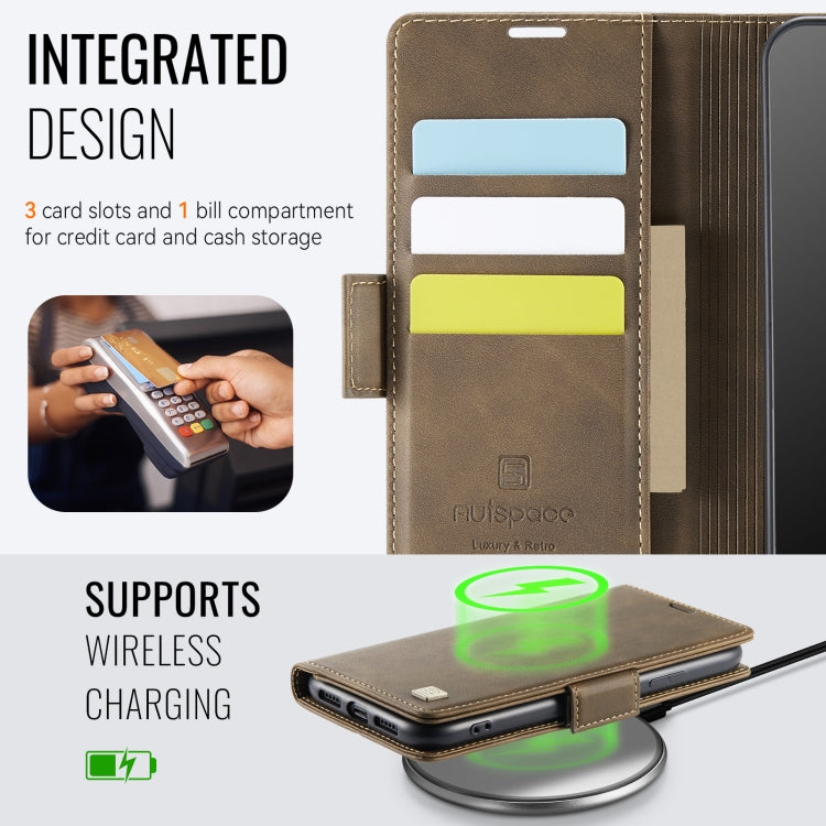For iPhone 11 AutSpace A11 Side Buckle MagSafe Magnetic RFID Phone Leather Case(Coffee)