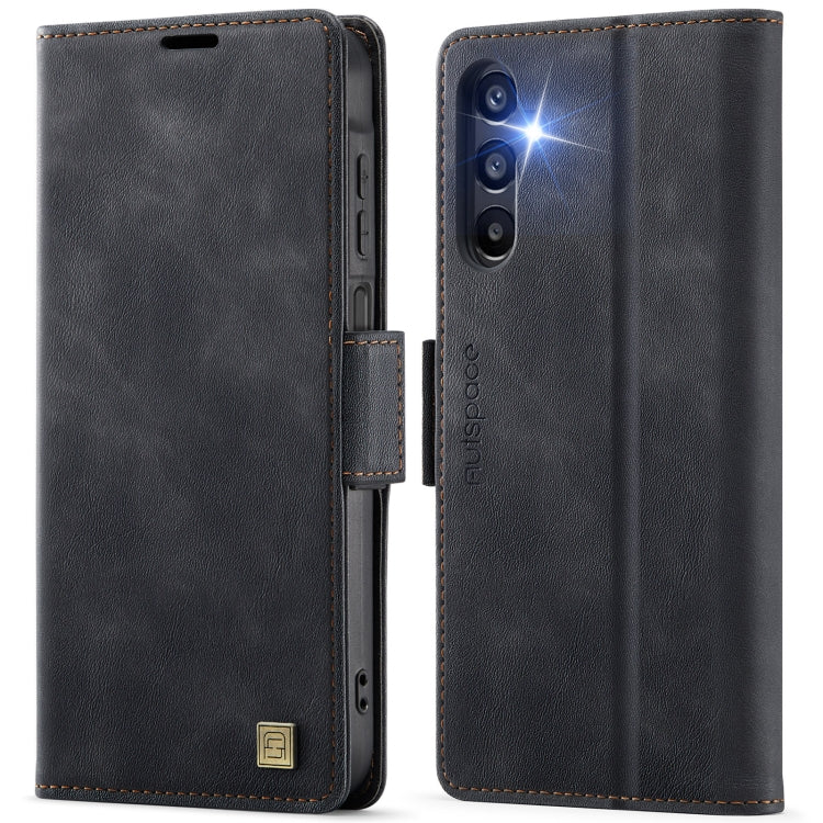 For Samsung Galaxy A14 4G / 5G AutSpace A11 Side Buckle MagSafe Magnetic RFID Phone Leather Case(Black)