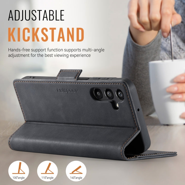 For Samsung Galaxy A14 4G / 5G AutSpace A11 Side Buckle MagSafe Magnetic RFID Phone Leather Case(Black)