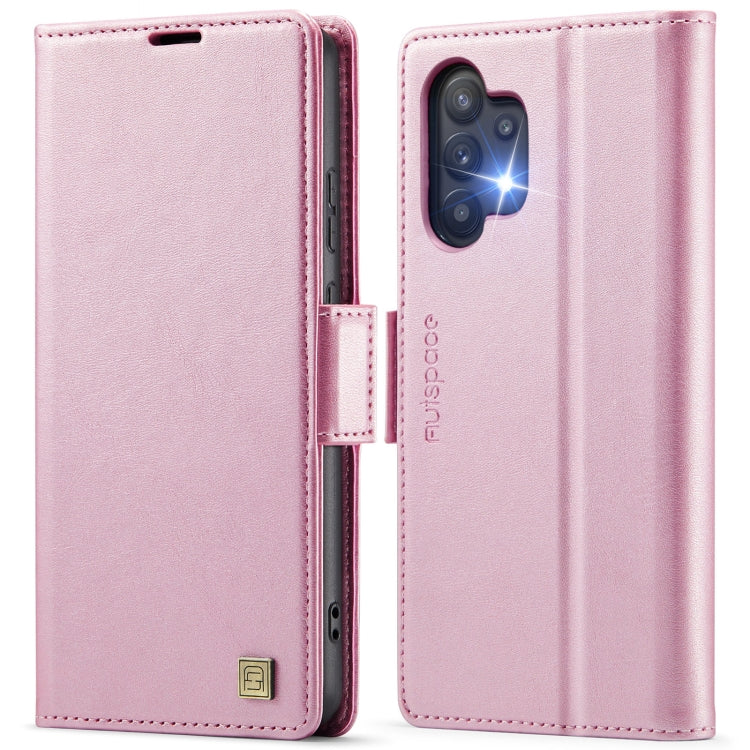For Samsung Galaxy A32 5G AutSpace A11 Side Buckle MagSafe Magnetic RFID Phone Leather Case(Rose Gold)