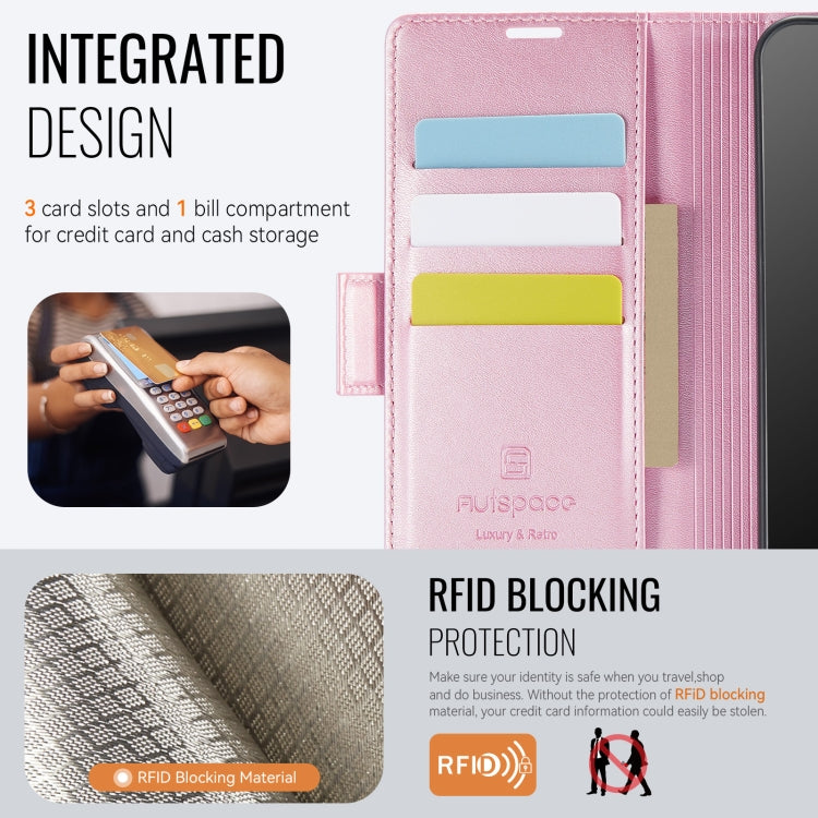 For Samsung Galaxy A32 5G AutSpace A11 Side Buckle MagSafe Magnetic RFID Phone Leather Case(Rose Gold)