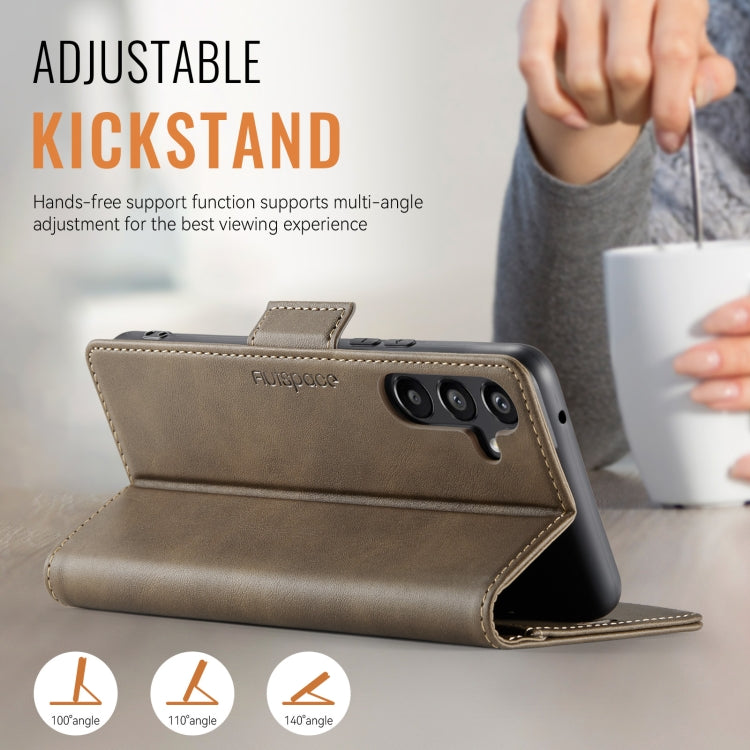 For Samsung Galaxy A34 5G AutSpace A11 Side Buckle MagSafe Magnetic RFID Phone Leather Case(Coffee)