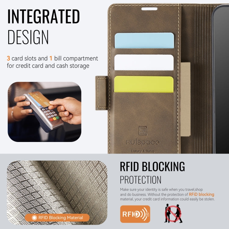For Samsung Galaxy A34 5G AutSpace A11 Side Buckle MagSafe Magnetic RFID Phone Leather Case(Coffee)