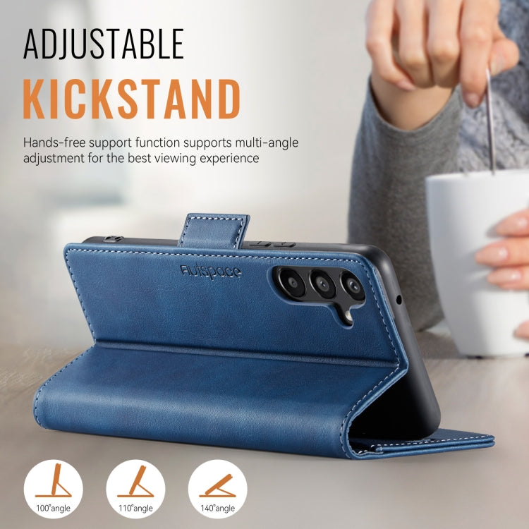 For Samsung Galaxy A35 5G AutSpace A11 Side Buckle MagSafe Magnetic RFID Phone Leather Case(Blue)