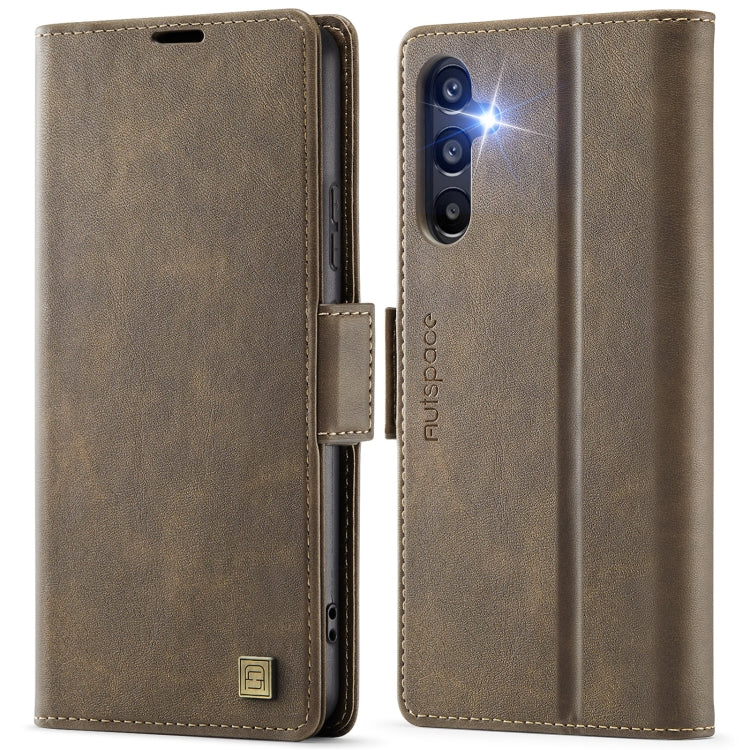 For Samsung Galaxy A35 5G AutSpace A11 Side Buckle MagSafe Magnetic RFID Phone Leather Case(Coffee)