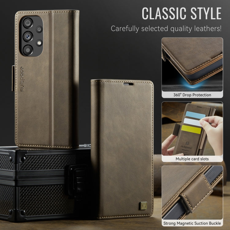 For Samsung Galaxy A33 5G AutSpace A11 Side Buckle MagSafe Magnetic RFID Phone Leather Case(Coffee)