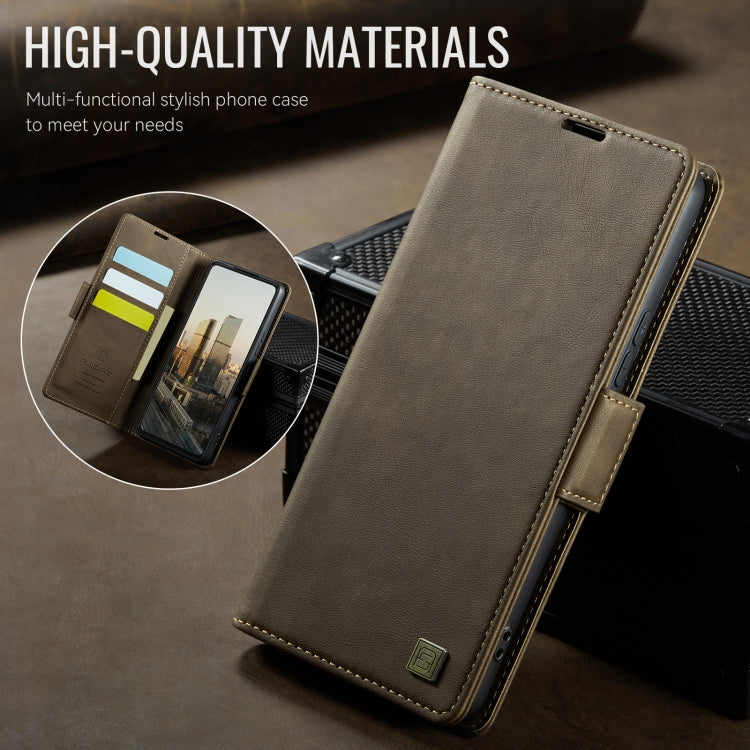 For Samsung Galaxy A33 5G AutSpace A11 Side Buckle MagSafe Magnetic RFID Phone Leather Case(Coffee)