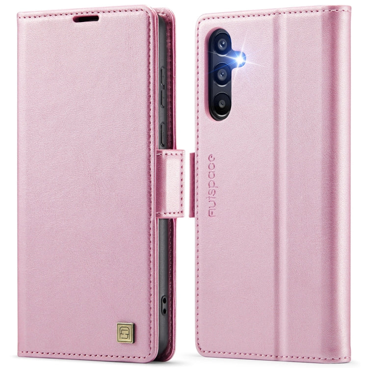 For Samsung Galaxy A55 5G AutSpace A11 Side Buckle MagSafe Magnetic RFID Phone Leather Case(Rose Gold)