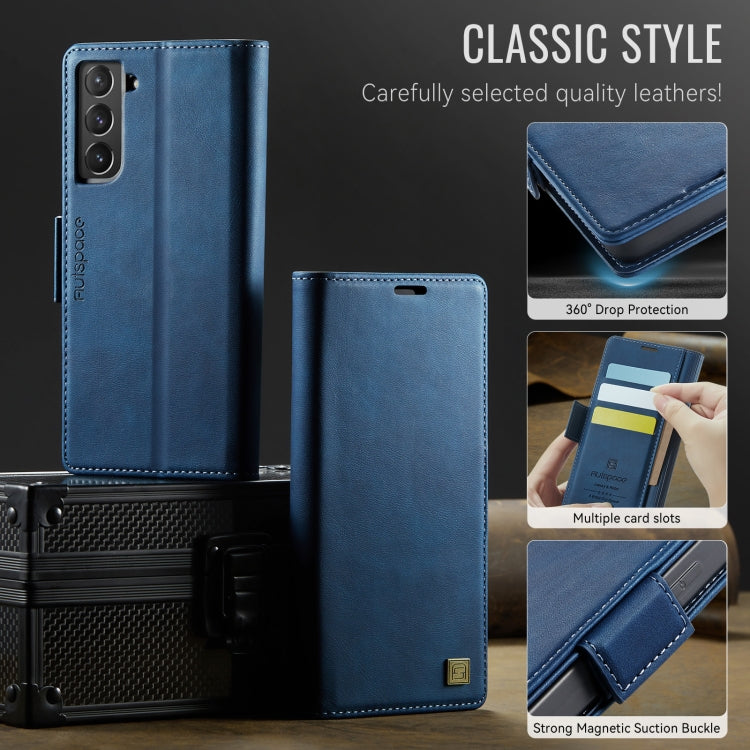 For Samsung Galaxy S21 FE 5G AutSpace A11 Side Buckle MagSafe Magnetic RFID Phone Leather Case(Blue)