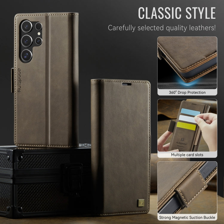 For Samsung Galaxy S23 Ultra 5G AutSpace A11 Side Buckle MagSafe Magnetic RFID Phone Leather Case(Coffee)