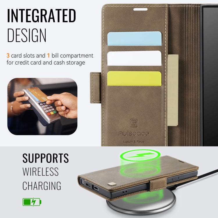 For Samsung Galaxy S23 Ultra 5G AutSpace A11 Side Buckle MagSafe Magnetic RFID Phone Leather Case(Coffee)